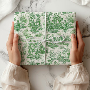 Papel De Presente Padrão Cênico Elegante Verde Vintage Toile de Jouy