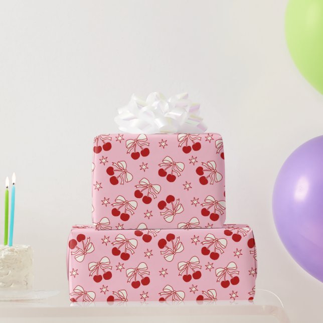 Papel De Presente Padrão Cereja Doce Vermelho Coquette (Presentes para festas)