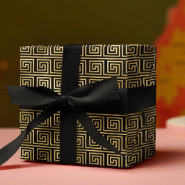 Papel De Presente Padrão-chave grego preto e Dourado