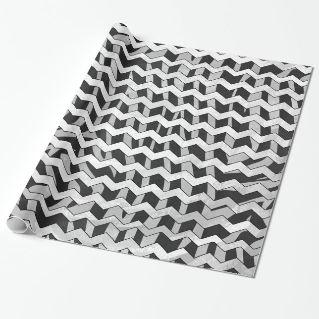Papel De Presente Padrão Chevron Zebra preto e Cinza (Desenrolado)