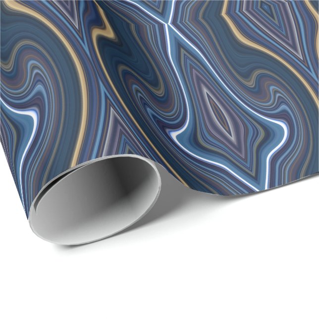 Papel De Presente Padrão Chic Inverso Azul de Agate Marble Dourado (Ponta do rolo)