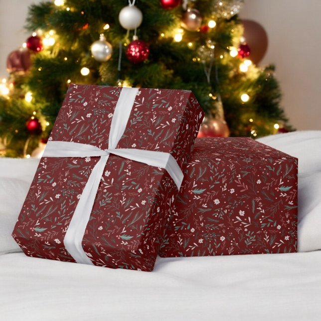 Papel De Presente Padrão chic verde floral vermelho do Natal moderno (Modern Christmas floral red green chic pattern Wrapping Paper)