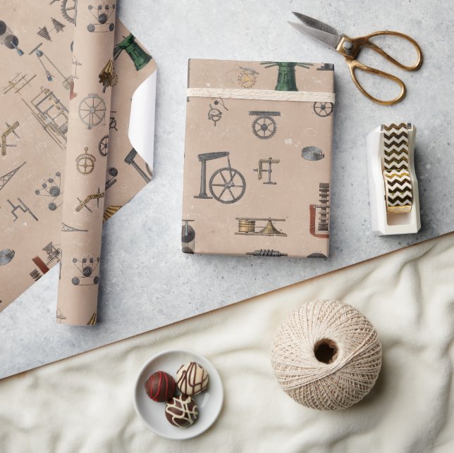 Papel De Presente Padrão Científico Mecânico de Engenharia Antiquado (Artesanato)