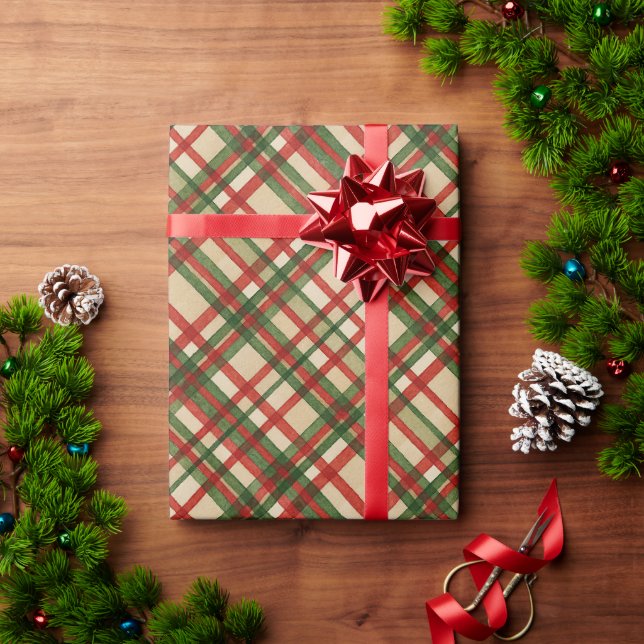 Papel De Presente Padrão Clássico de Arte de Xadrez Vermelha Verde (Presente de Natal)