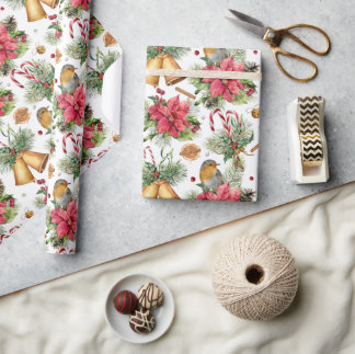 Papel De Presente Padrão Clássico de Bells e Aves Douradas de Natal