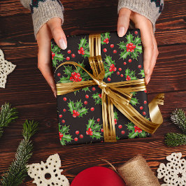 Papel De Presente Padrão Clássico de Berries Vermelhos Holly Vermelh