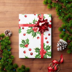 Papel De Presente Padrão Clássico de Folhas e Frutas de Azevinho de