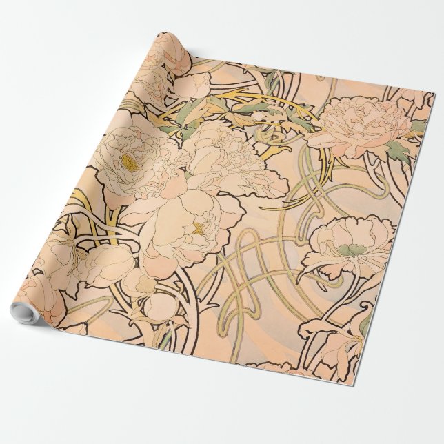 Papel De Presente Padrão Clássico de Jardim de Peônia Art Nouveau po (Desenrolado)