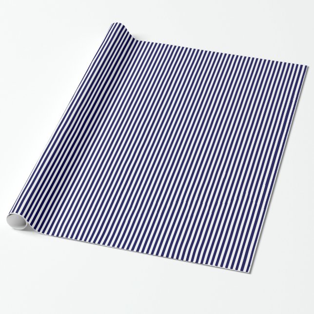 Papel De Presente Padrão Clássico de Listras Azul-Marinho e Branco (Desenrolado)