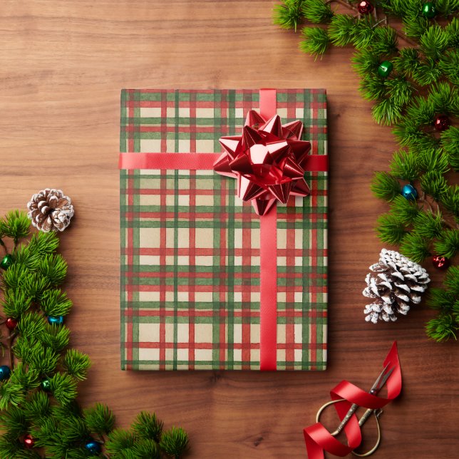 Papel De Presente Padrão Clássico de Xadrez Artístico em Aquarela Ve (Presente de Natal)