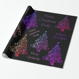 Papel De Presente Padrão Colorido de Árvore de Natal Roxo com Nome