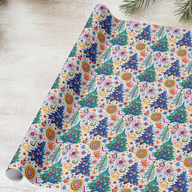 Papel De Presente Padrão Colorido de Árvore Festiva (Criador carregado)