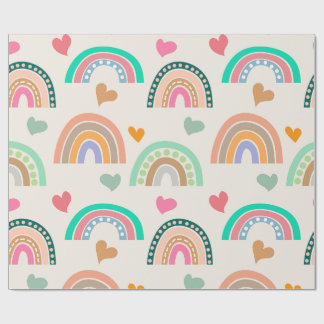 Papel De Presente Padrão Colorido de Boho Arco-íris e Corações
