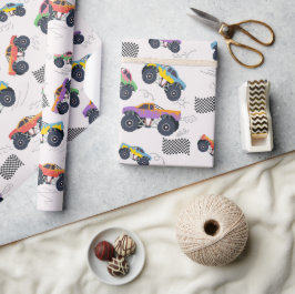 Papel De Presente Padrão Colorido de Caminhões Monstrosos