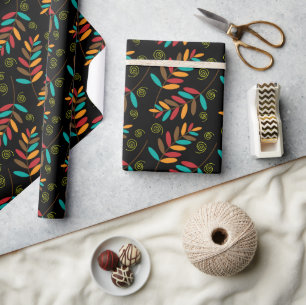Papel De Presente Padrão Colorido de Folhas de Outono em Preto