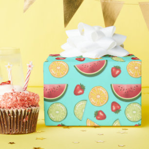 Papel De Presente Padrão Colorido de Frutas Citrus Morango Melão