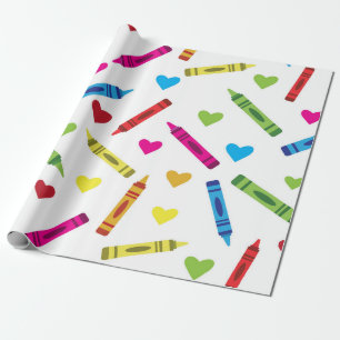 Papel De Presente Padrão Colorido de Giz de Cera Escolar com Coraçõe