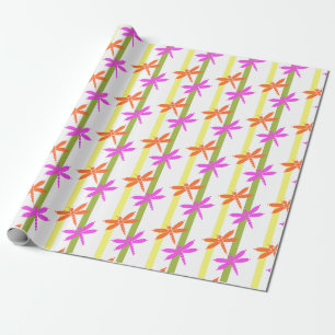 Papel De Presente Padrão Colorido de Libélula Faixa de Verão Brilhan