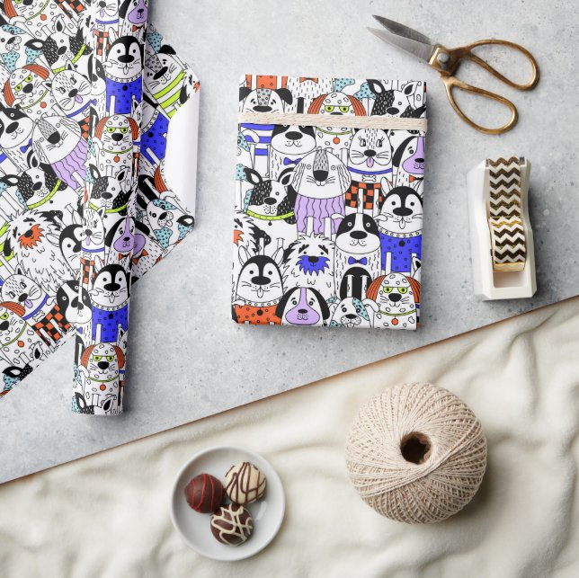 Papel De Presente Padrão Colorido de Multidão de Cães (Artesanato)
