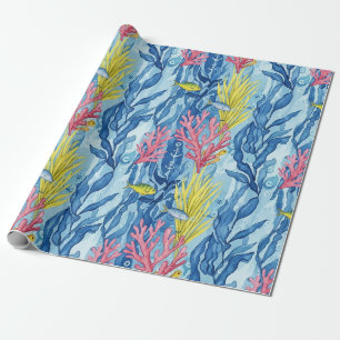 Papel De Presente Padrão Colorido de Vida Marinha Costeira (1)