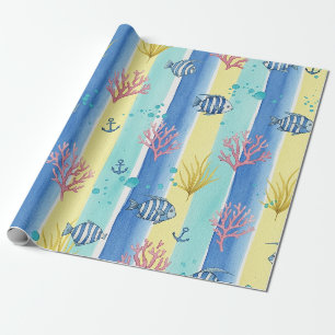 Papel De Presente Padrão Colorido de Vida Marinha Costeira (10)