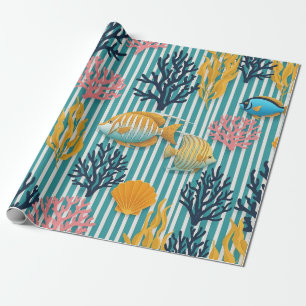 Papel De Presente Padrão Colorido de Vida Marinha Costeira (12)