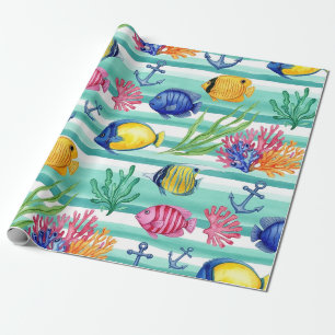 Papel De Presente Padrão Colorido de Vida Marinha Costeira (5)