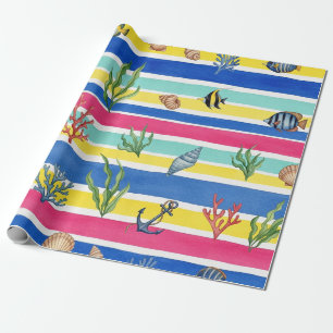 Papel De Presente Padrão Colorido de Vida Marinha Costeira (7)