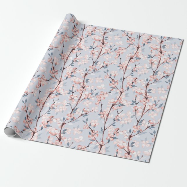 Papel De Presente Padrão com delicadas flores de primavera sakura (Desenrolado)