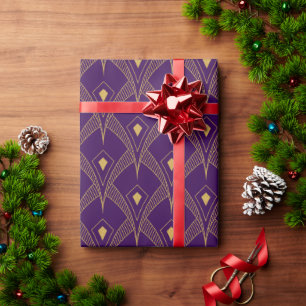 Papel De Presente Padrão contínuo Art-Deco dourado e roxo 3