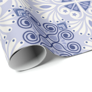 Papel De Presente Padrão contínuo com intrincados azuis e brancos