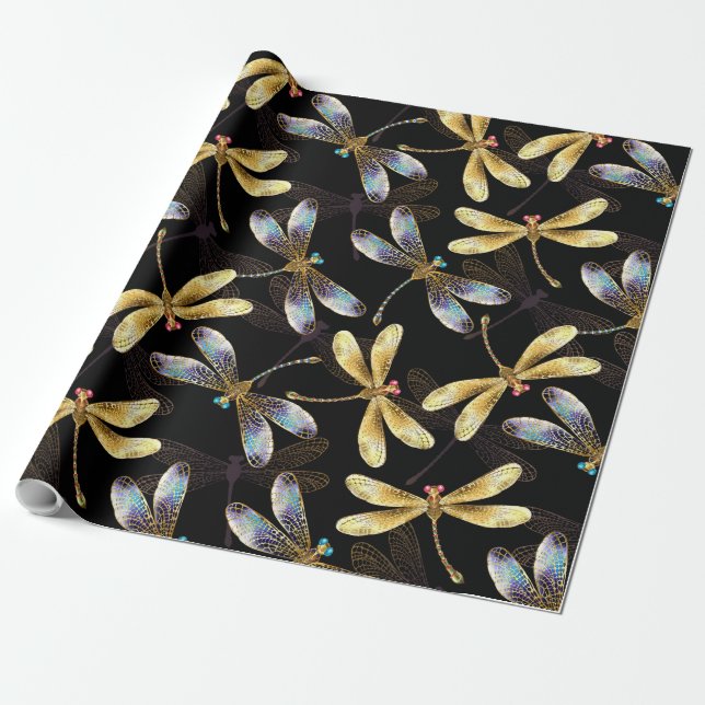 Papel De Presente Padrão contínuo com Libélulas Douradas (Desenrolado)