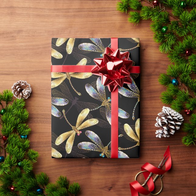Papel De Presente Padrão contínuo com Libélulas Douradas (Presente de Natal)
