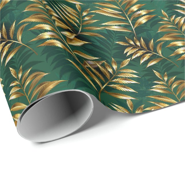 Papel De Presente Padrão contínuo com samambaias douradas (Ponta do rolo)