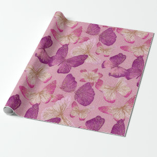 Papel De Presente Padrão contínuo de borboleta cor-de-rosa com brilh