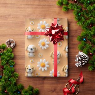 Papel De Presente Padrão contínuo de cachorrinho fofo e margarida