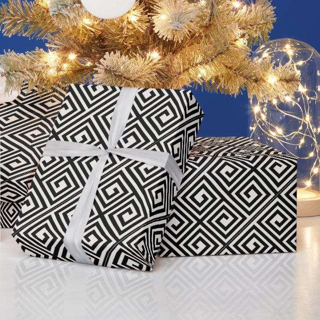 Papel De Presente Padrão contínuo de chave grega marfim/preto elegan (Feriados)