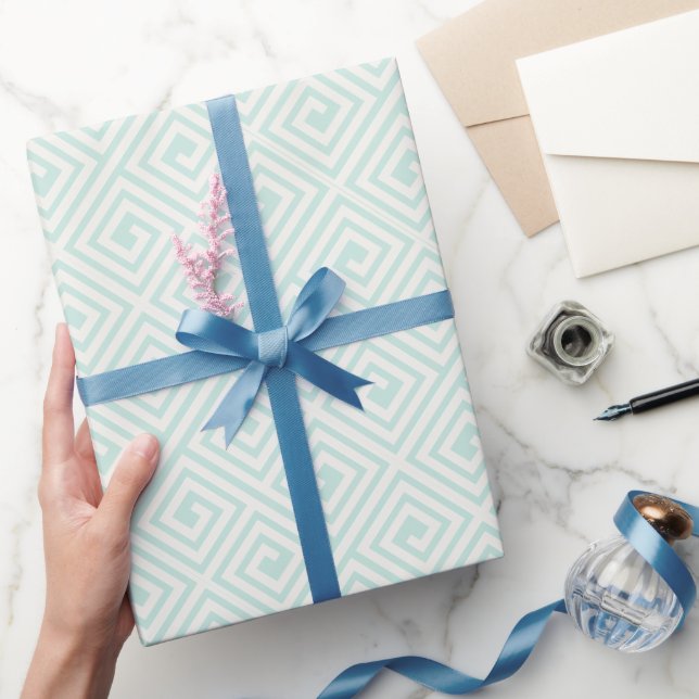 Papel De Presente Padrão contínuo de chave grega Mint/Marfim Chic Ca (Presentear)