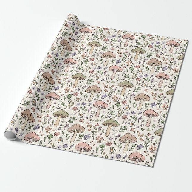 Papel De Presente Padrão contínuo de cogumelo fungo pastel creme (Desenrolado)
