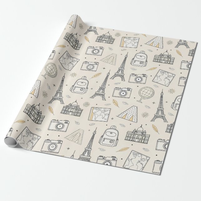 Papel De Presente Padrão contínuo de desenho de viagem (Desenrolado)