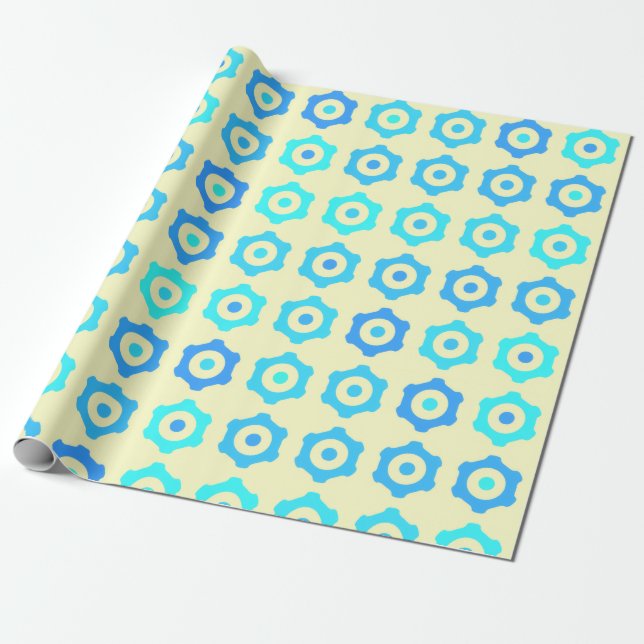 Papel De Presente Padrão contínuo de engrenagens azuis retrô (Desenrolado)