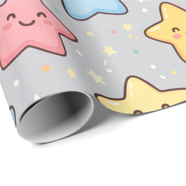 Papel De Presente Padrão contínuo de estrela Kawaii fofa (Ponta do rolo)