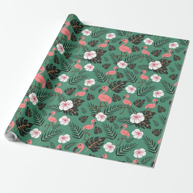 Papel De Presente Padrão contínuo de flamingo rosa em fundo verde (Desenrolado)