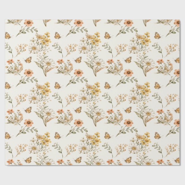 Papel De Presente Padrão contínuo de flor silvestre e borboleta vint (Aberto)
