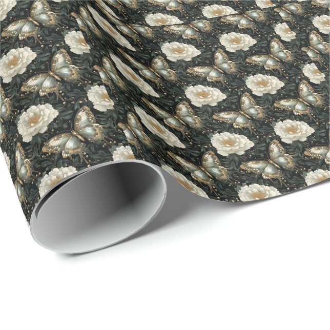 Papel De Presente Padrão contínuo de flores e borboletas luxuosas (Ponta do rolo)