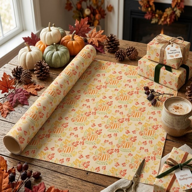 Papel De Presente Padrão contínuo de folhas caindo e abóbora de outo (Criador carregado)