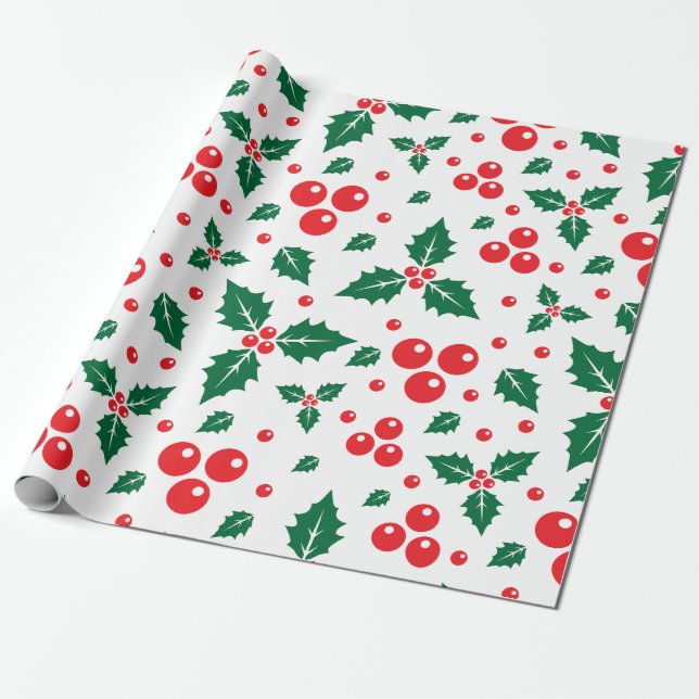 Papel De Presente Padrão contínuo de folhas de bagas de azevinho (Desenrolado)