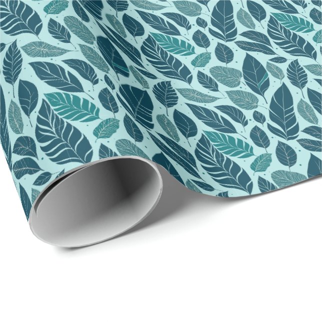 Papel De Presente Padrão contínuo de folhas tropicais modernas em az (Ponta do rolo)