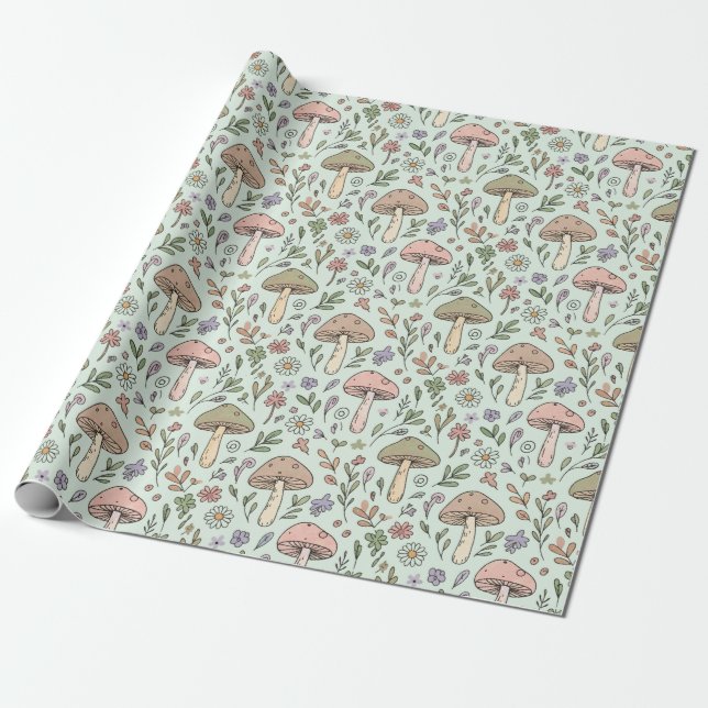 Papel De Presente Padrão contínuo de fungos botânicos em verde menta (Desenrolado)