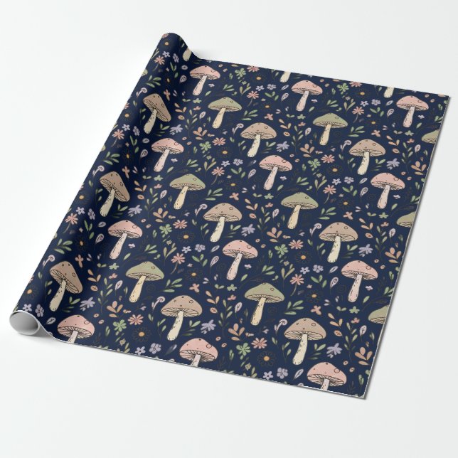 Papel De Presente Padrão contínuo de fungos Navy escuro Moody (Desenrolado)